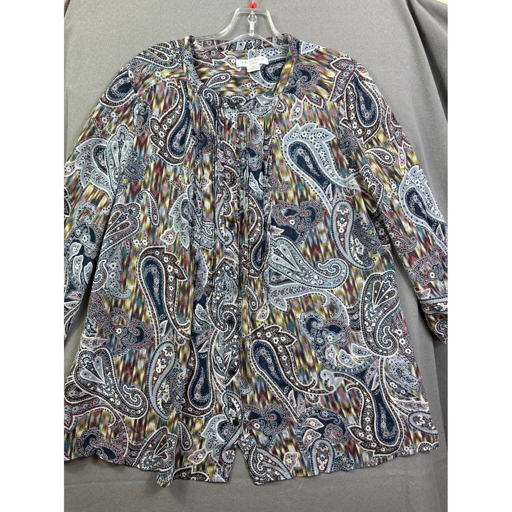 Liz Claiborne Woman 2X Paisley Ikat Print Button Front Blouse Long Sleeve Top